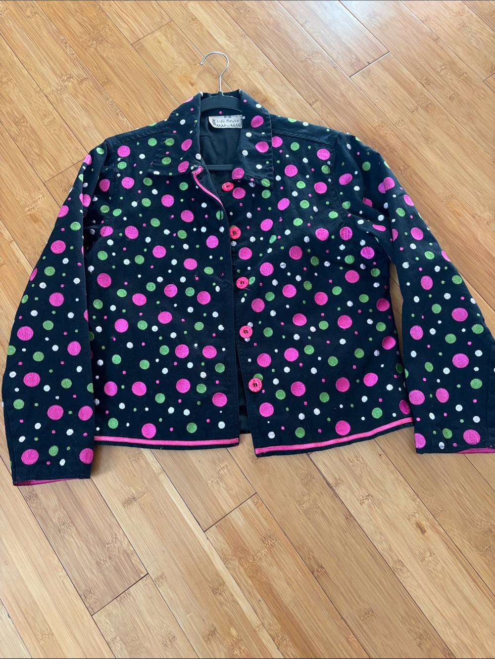 Life Style Black Polka Dot Jean Jacket with Pink & Green Dots Button Closure